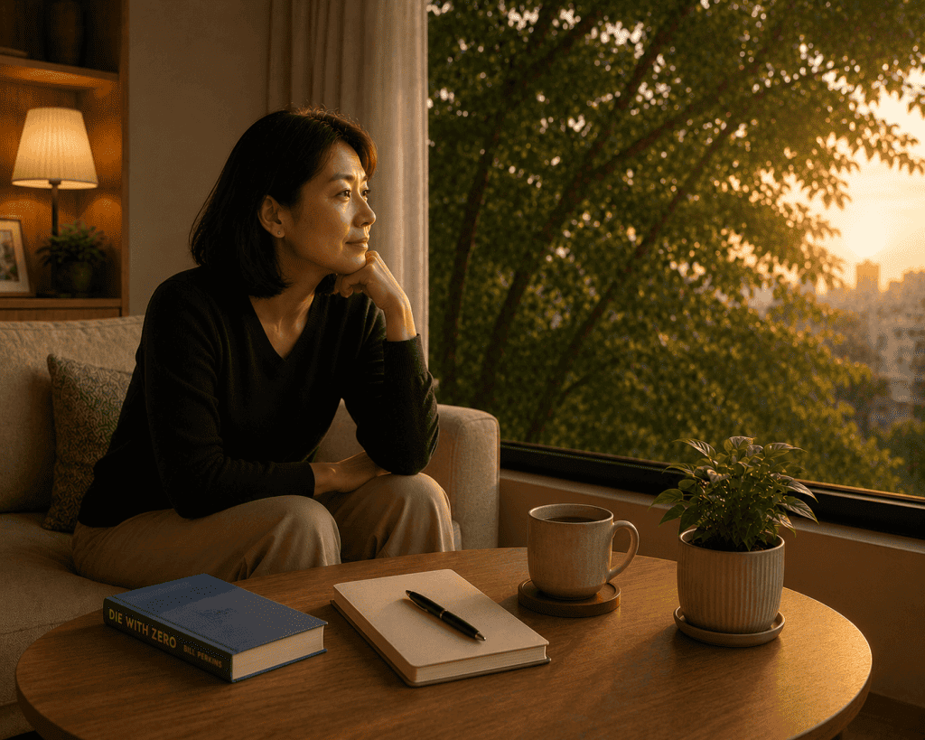 Woman pausing to define enough money while reading Die With Zero