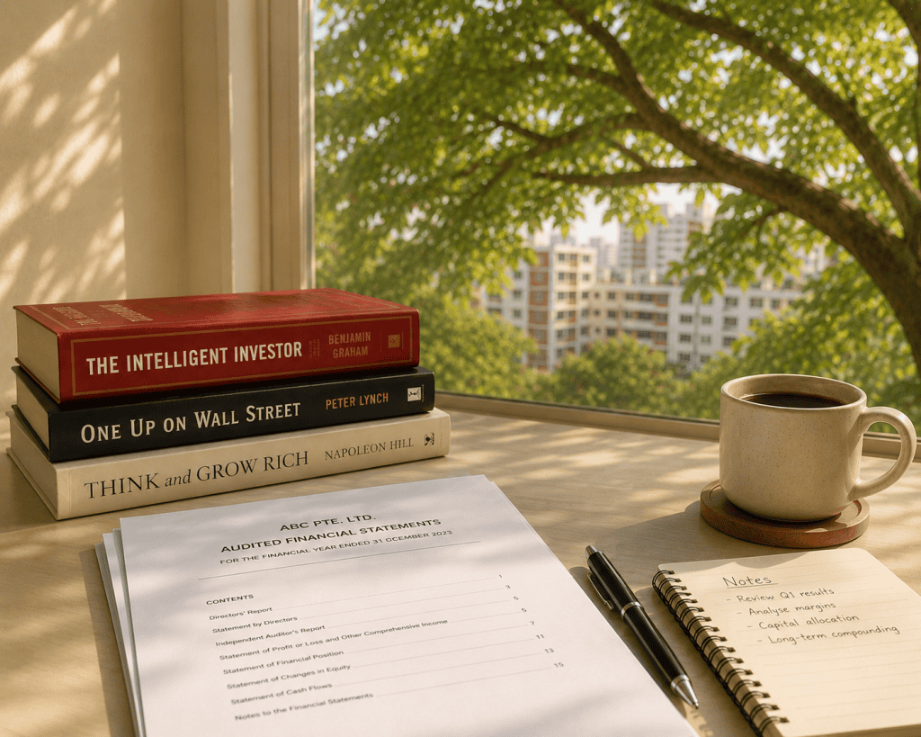 Stack of personal development and investing books including Think and Grow Rich, The Intelligent Investor, and One Up On Wall Street, representing the reading journey behind a FIRE strategy