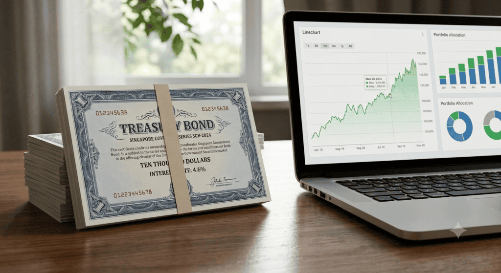 Neatly organized bond certificates and financial statements on a desk, representing the steady, low-drama role fixed income plays in a diversified FIRE portfolio