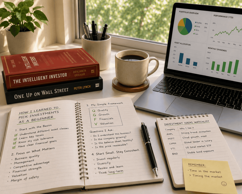 Desk with The Intelligent Investor and One Up on Wall Street books, notebook, and portfolio charts — notes on how to pick investments
