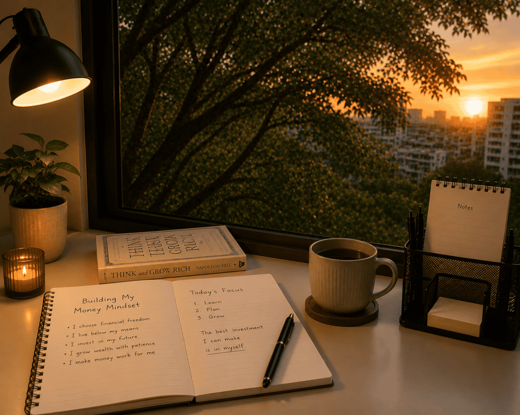 Journal titled Building My Money Mindset beside Think and Grow Rich book and desk organiser at sunset