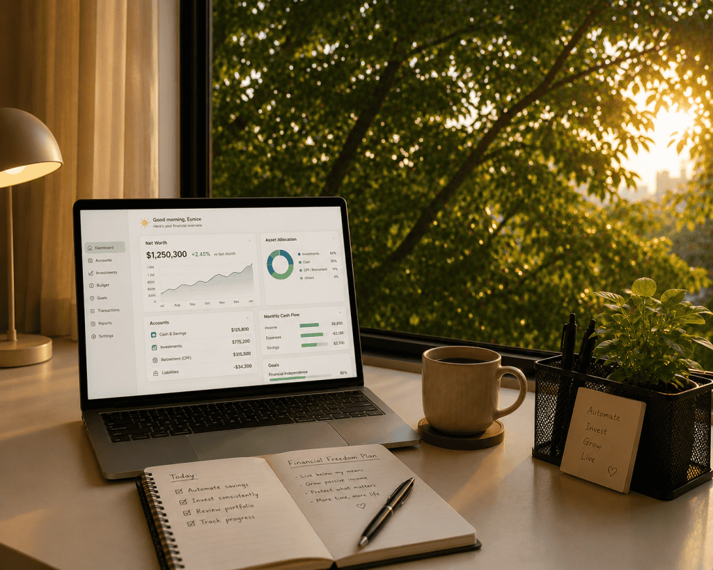 Laptop showing financial dashboard beside a "Financial Freedom Plan" notebook — learning to automate before FIRE