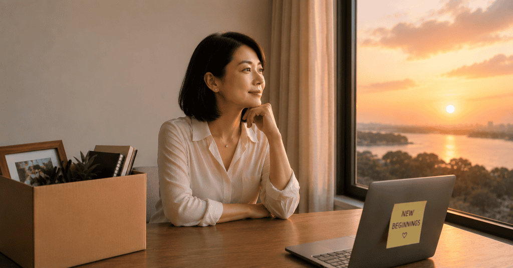Woman looking out the window, reflecting on a fresh start after leaving work