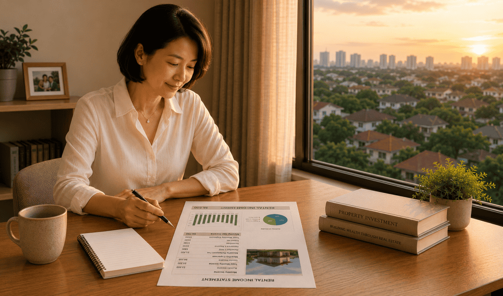 Woman reviewing a rental income statement and property investment books at a desk with a sunset city skyline, representing how rental income covers daily expenses while dividends continue compounding