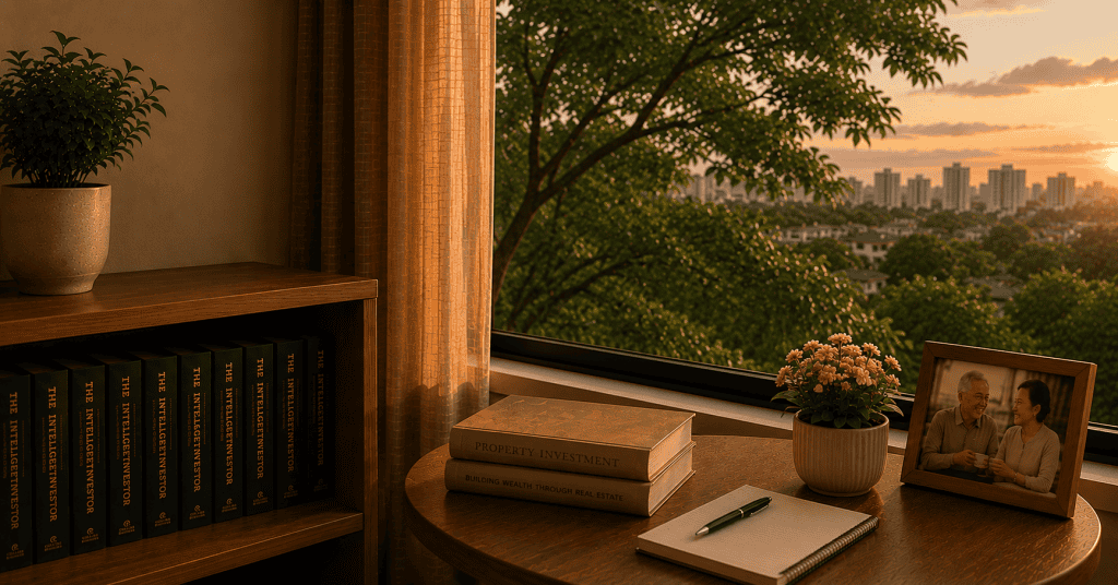 A quiet reading nook with investment books and a framed photo of an elderly couple by a window at sunset, representing the intersection of financial independence and caregiving for aging parents