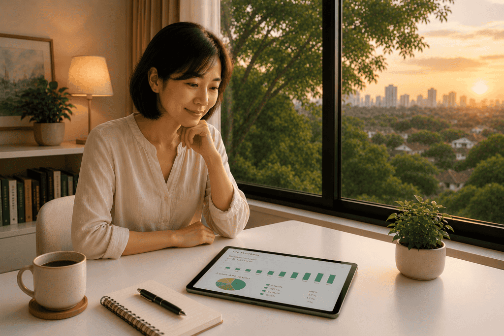 Woman reviewing her dividend income chart while deciding when to reinvest dividends