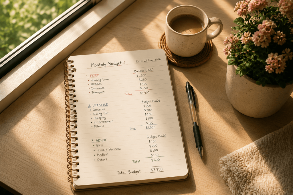 Monthly budget notebook showing financial independence expenses Singapore broken into fixed, lifestyle, and adhoc categories