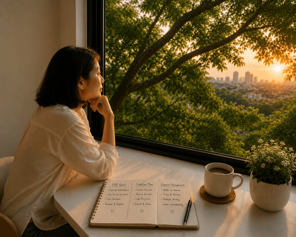 Woman reflecting on financial independence mindset Singapore, looking out over city skyline