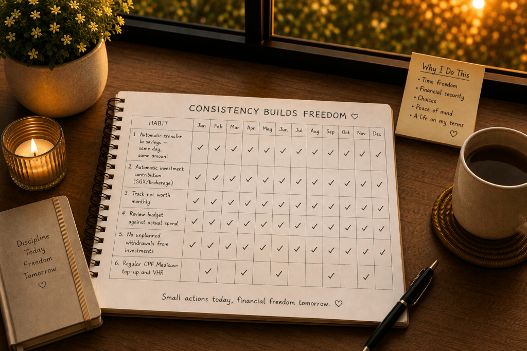 FIRE discipline mindset habit tracker showing consistent monthly saving and investing habits