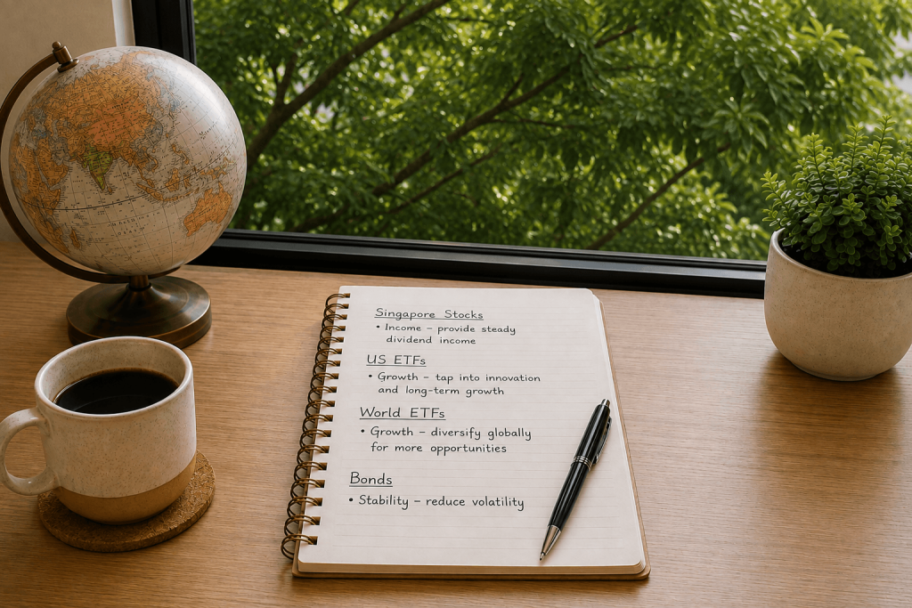 Build investment portfolio Singapore — SG stocks, US and world ETFs, bonds by function