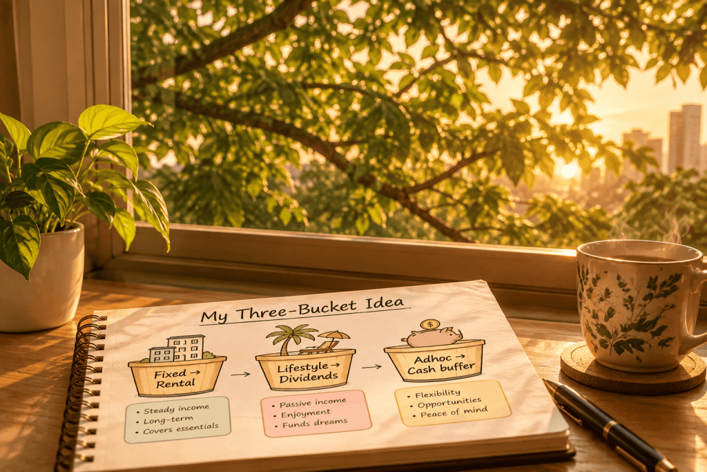 Passive income Singapore framework — three buckets matching rental, dividends, and cash buffer to fixed, lifestyle, and adhoc expenses