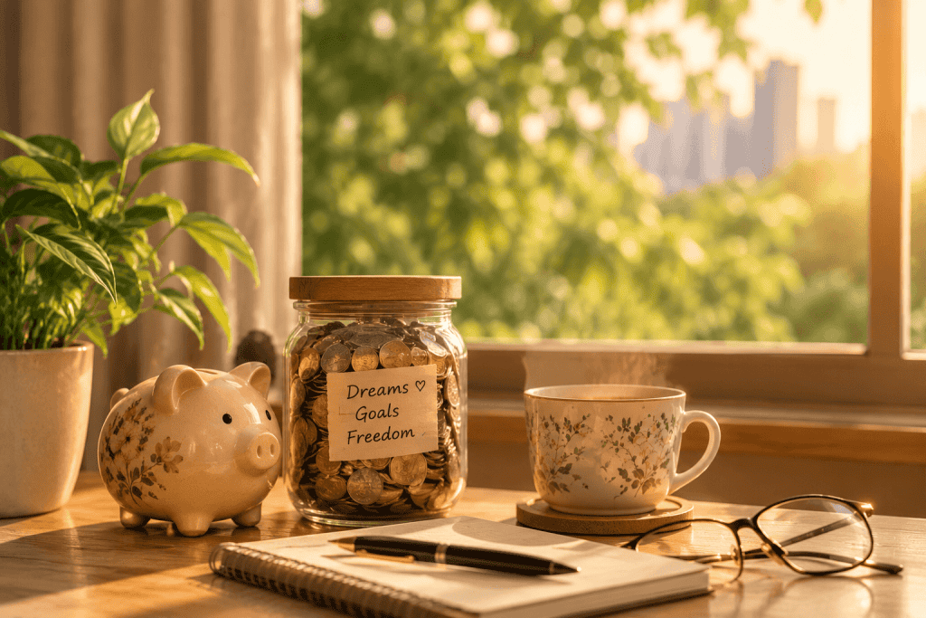 Childhood money belief symbolized by a piggy bank and coin jar labeled Dreams, Goals, Freedom