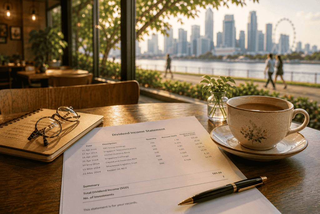 Tax-free passive income statement on a desk with Singapore's skyline in the background