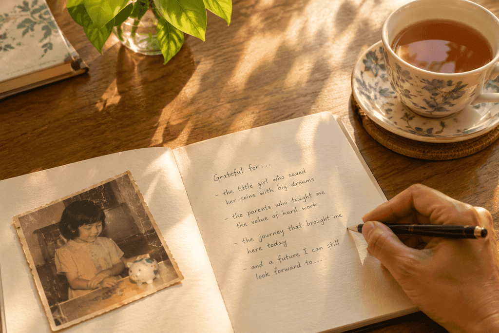 Gratitude journal beside a childhood photo — what I'd tell my younger self about saving and FIRE