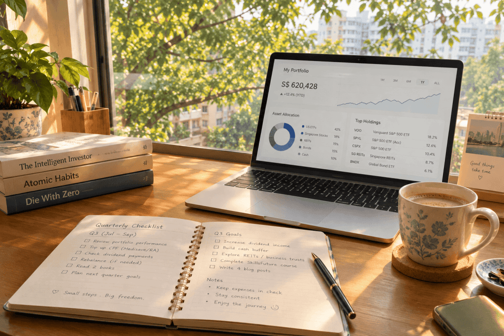 esk with a portfolio dashboard, quarterly checklist, and coffee — passive income isn't passive, it just runs on a schedule.