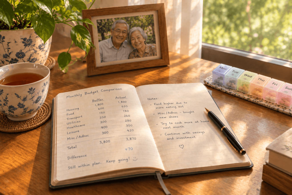 A handwritten "Buffer vs. Actual" budget comparison beside a photo of aging parents — the caregiving buffer I built, checked against real numbers.