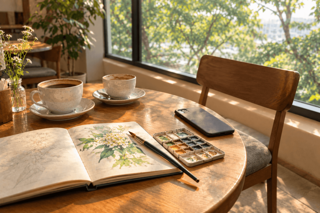 Café table with an open watercolour sketchbook, paint palette and a face-down phone, a calm moment after I stopped explaining my early retirement