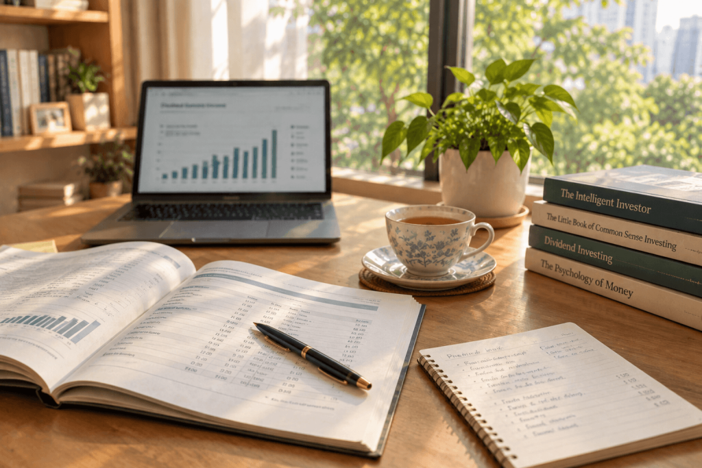 Desk with an open financial report, pen, notes and investing books, set up to plan for a dividend cut before it happens