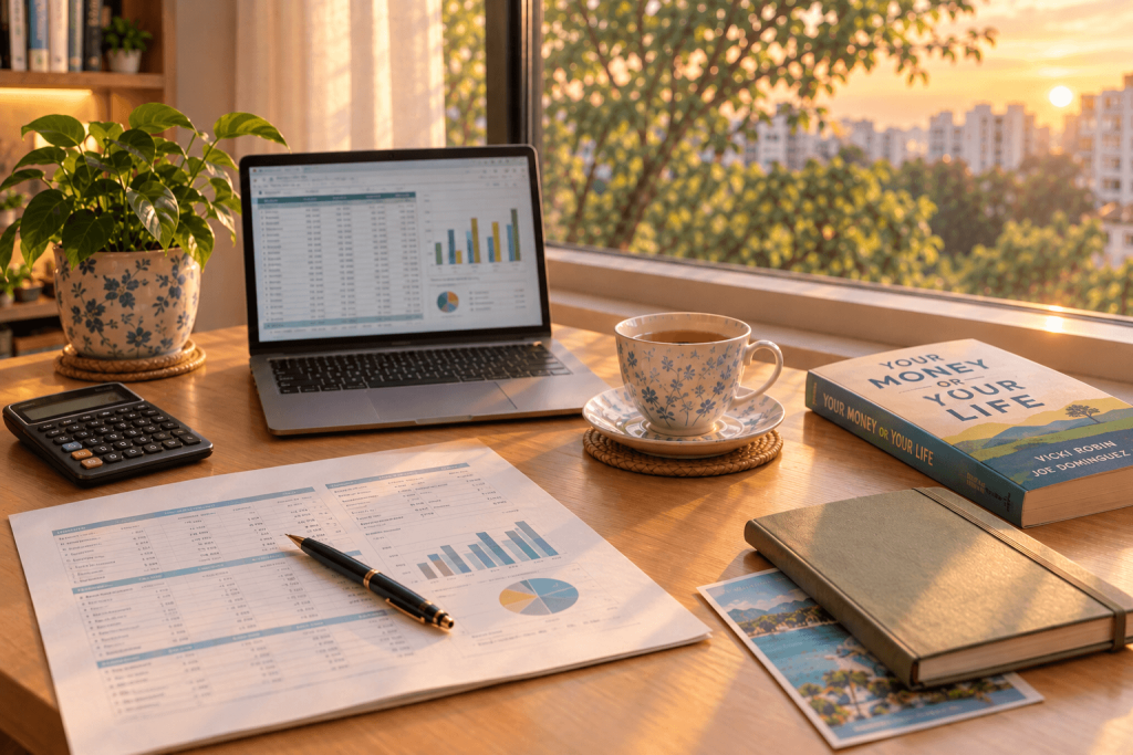 Desk with a laptop spreadsheet, a printed monthly expense summary and a calculator, showing how I track my spending after FIRE